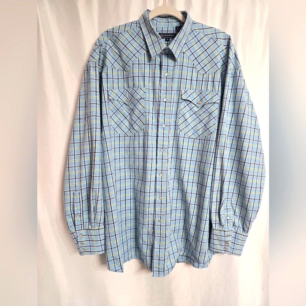 Roper Blue Plaid Pearl Snaps Cotton Western Shirt. Size 2XL